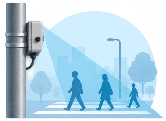 Sensor radar vigilando la zona de cruce de un paso de peatones