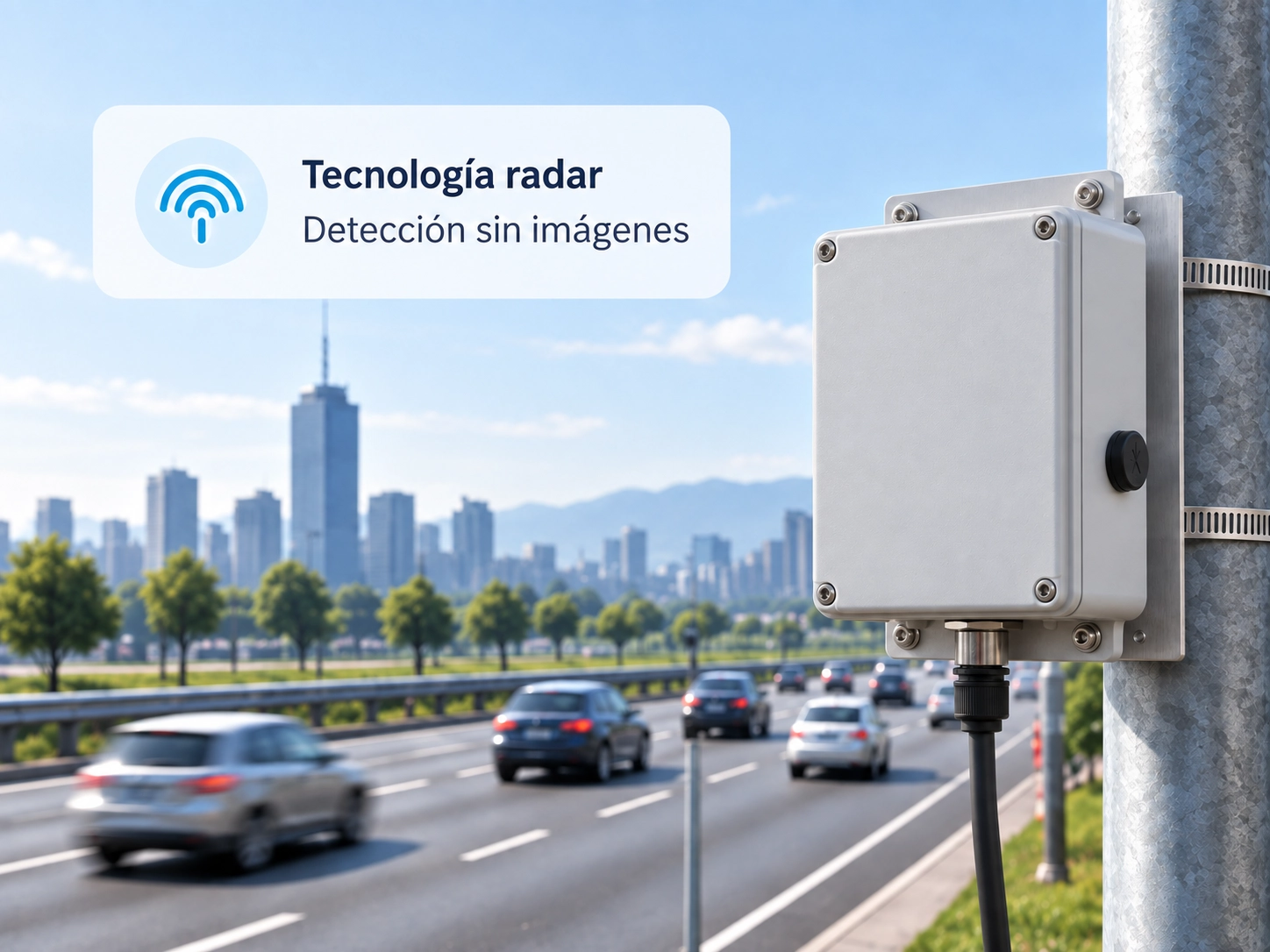 Radar uRAD instalado temporalmente en un poste junto a la vía
