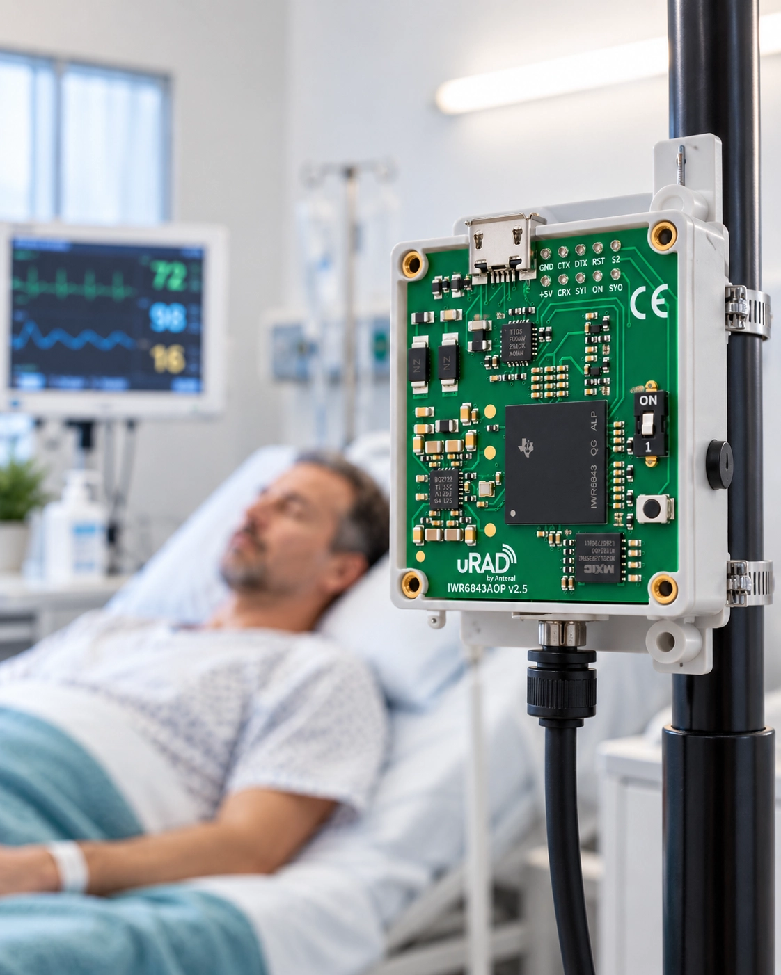 Placa radar uRAD junto a un paciente en una habitación de hospital